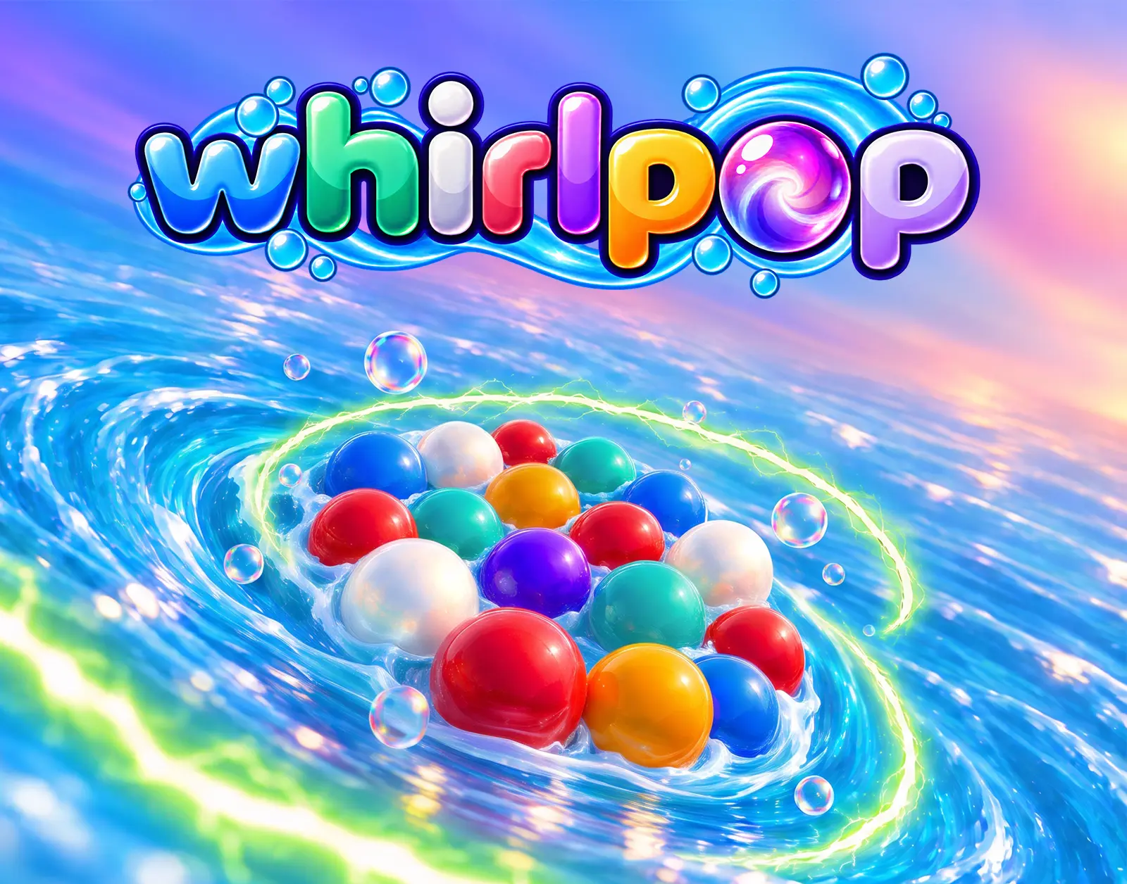 Whirlpop key art: the Whirlpop logo over a spinning whirlpool of glossy coloured bubbles.